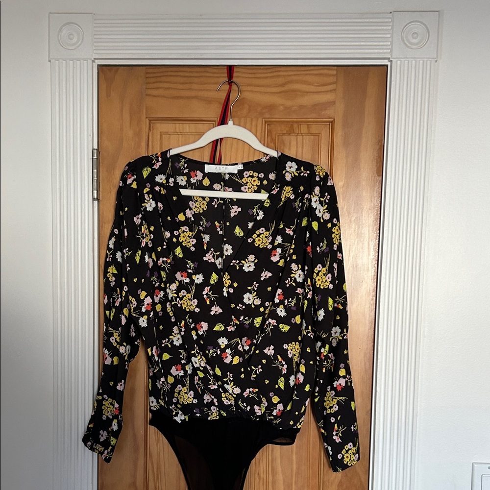 Astr Black Floral Wrap-Front Long Sleeve Bodysuit